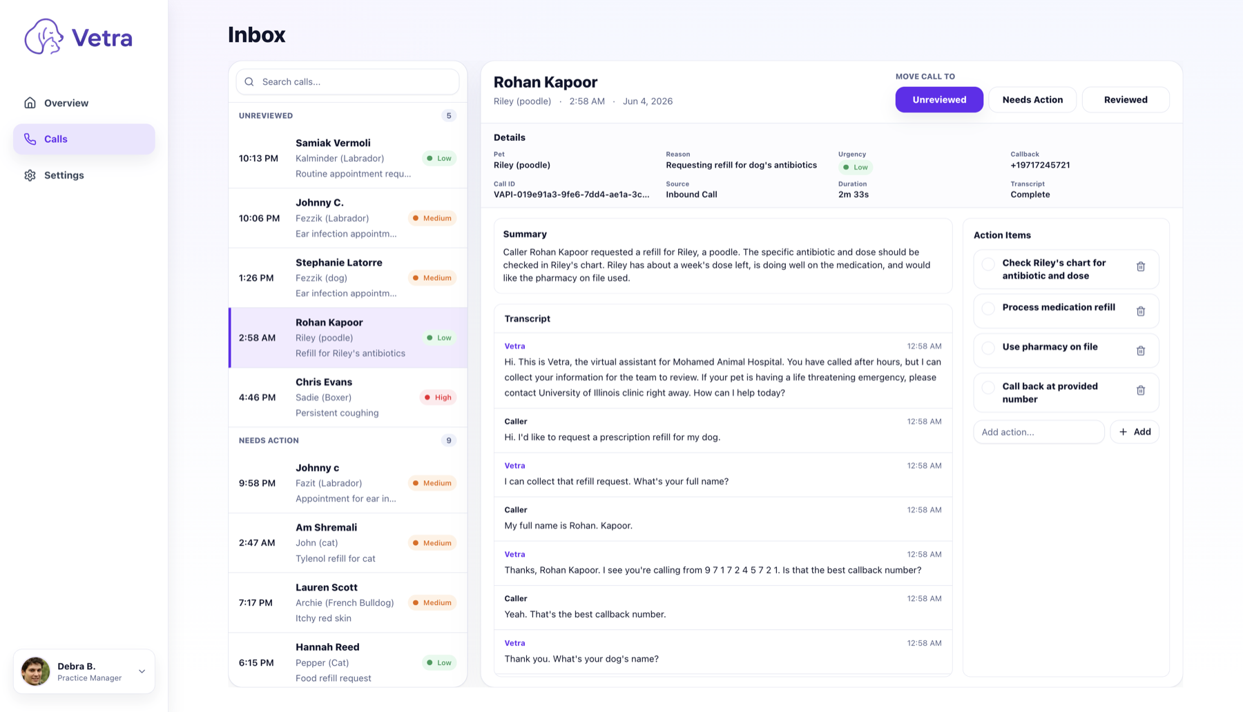 Vetra inbox showing captured veterinary calls with call details, transcript, and action items.